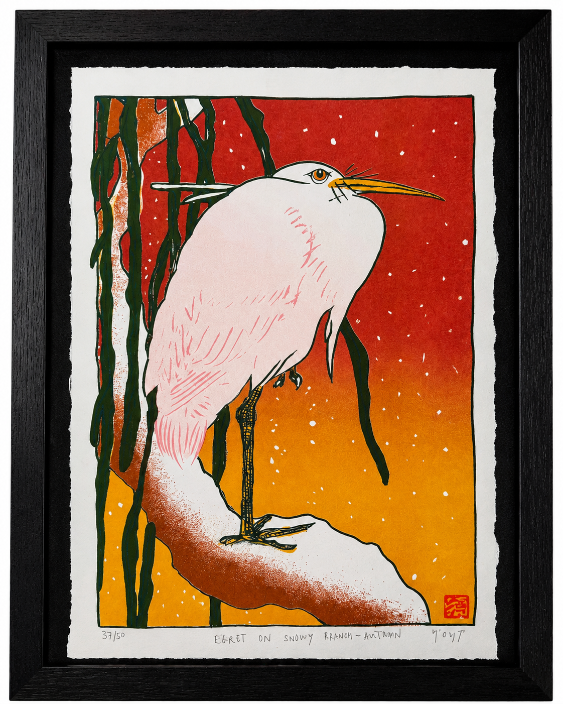 EGRET ON SNOWY BRANCH — RISOGRAPH-4
