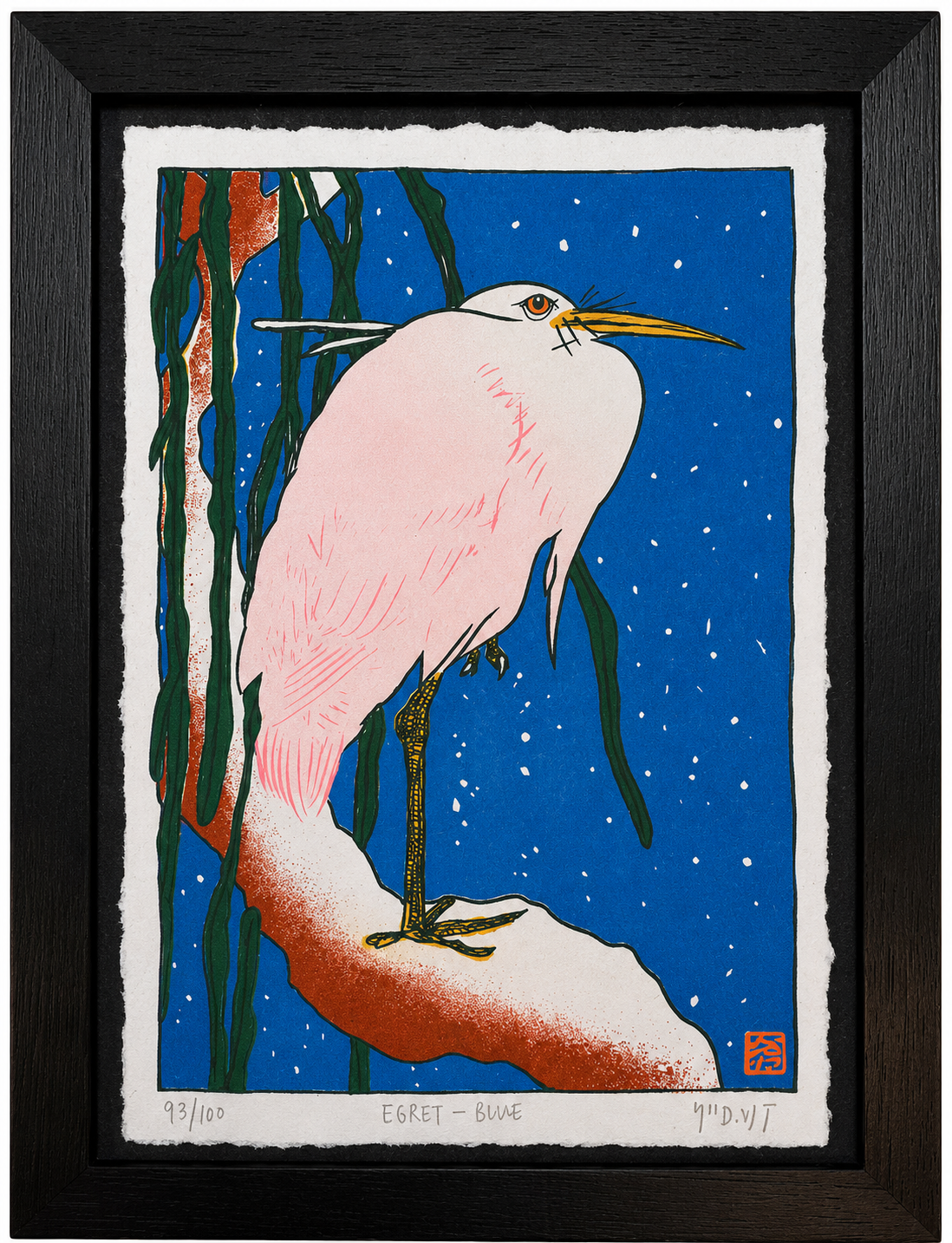 EGRET ON SNOWY BRANCH — RISOGRAPH-1